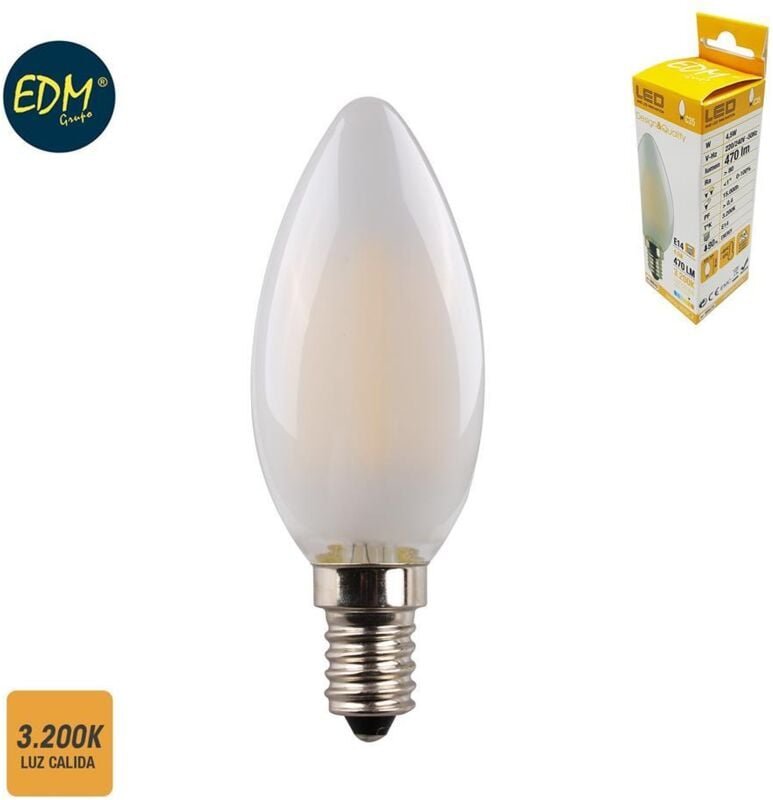 LED-EDM-Filamentkerze, mattes Glas, E14, 4,5 W, 470 lm, 3200 K, warmes Licht, Ø 3,5 x 9,8 cm