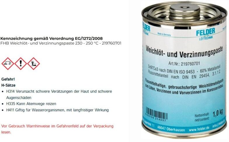 Felder - Weichlöt- u.Verzinnungspaste 230-250GradC 1kg S-Sn97Cu3