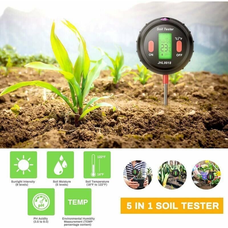 Tigrezy 5-in-1 Digitaler Bodentester – pH-Wert-, Feuchtigkeits-, Sonnenlicht-, Temperatur- und Umgebungsfeuchtigkeitsmes...