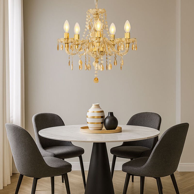 Kronleuchter Kristall Deckenlampe Hängeleuchte Lüster Esszimmerleuchte Wohnzimmerlampe, Metall Acryl gold, 5 flammig E14...