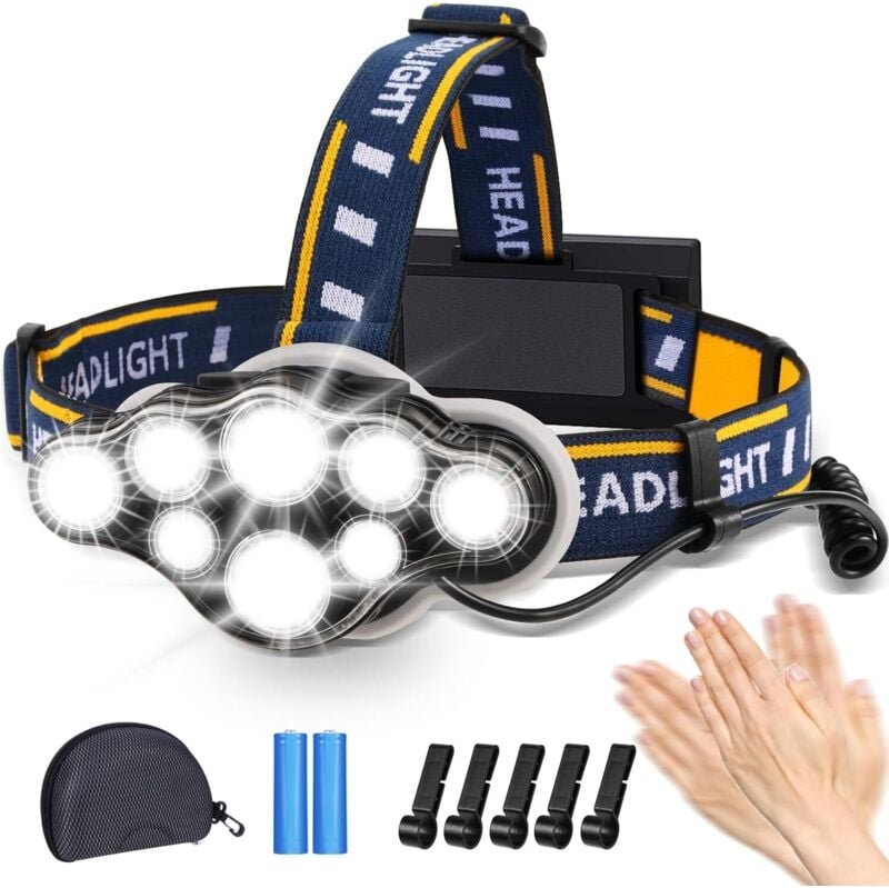 Jalleria - Wiederaufladbare LED-Stirnlampe, ultrastarke 8-LED-Stirnlampe mit 18000 Lumen, wasserdichte und leichte Stirn...