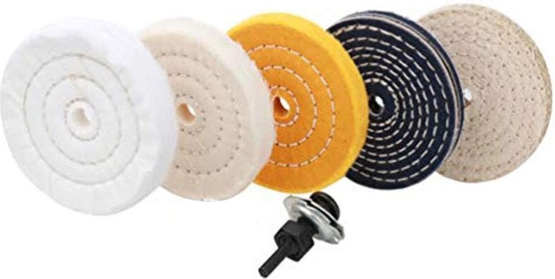 Stück, vier Polierscheiben für 6-Zoll-Tischschleifer und ein Zubehör - Ahlsen