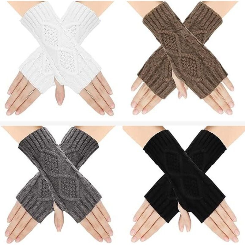 Thumbnail - 4 Paar gestrickte fingerlose Handschuhe, warme Winterhandschuhe für Damen, klassische Strickhandschuhe für Pulswärmer, E...