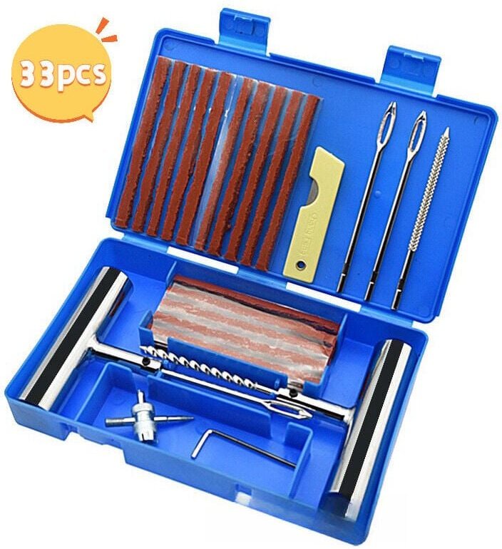 Ensemble de 33 pièces, kit de réparation de pneus, kit anti-crevaison pour voiture, outils de réparation de crevaison, a...