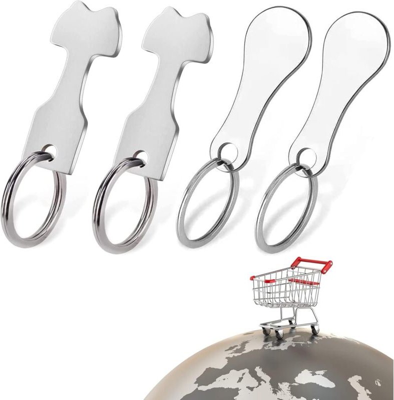 4 Stück Einkaufswagenlöser aus Metall/Edelstahl, praktischer Einkaufswagenchip-Schlüsselanhänger, Lösungs-Tool für Einka...