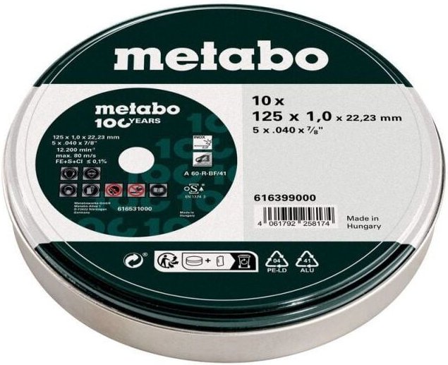 Metabo - Satz=10xTrennscheiben sp 125x1,0x22,23 Inox, tf 41 , in Blechdose (616399000)