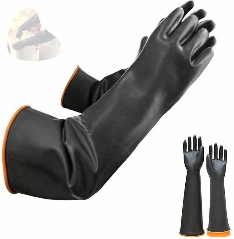 Paar chemikalienbeständige Latexhandschuhe, lange Schutzhandschuhe aus Gummi für die industrielle Sicherheit, schwarze H...