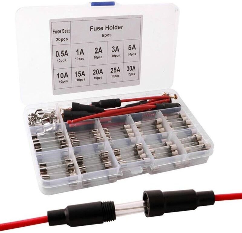 100 Glasrohrsicherungen + 20 Sicherungssitze + 5 Schraubsicherungshalter, in transparenter Kunststoffbox