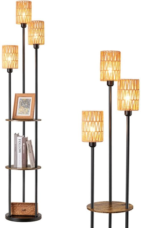 EDISHINE Stehlampe Wohnzimmer 178cm, 3-flammige Vintage Stehleuchte mit Regal & Rattan-Lampenschirm, 3 x E27-Fassung, in...