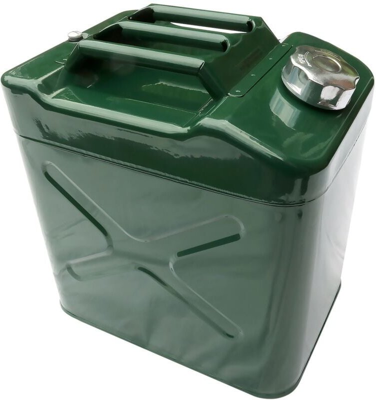 Kanister 25 Liter, grüner Stahl. Kraftstoff, Benzin, Diesel, Öl, Wasser. Standardmuster.
