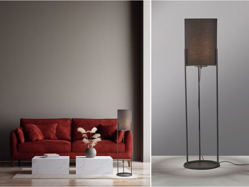 Kleine led Stehlampe Schwarz mit Stoffschirm innen Gold, Höhe 114cm