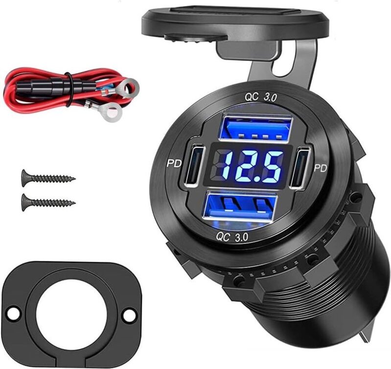 Verbesserte 12-V-USB-Buchse – 4-in-1-Autoladeadapter mit QC3.0-Aluminium-Ladebuchse mit Voltmeter für Auto, Boot, Marine...