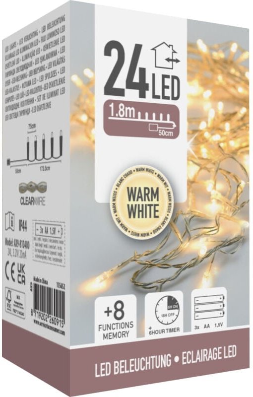 Multifunktionale batteriebetriebene Girlande, 24 LEDs, transparentes Kabel, warmweißes Licht, 2,30 m
