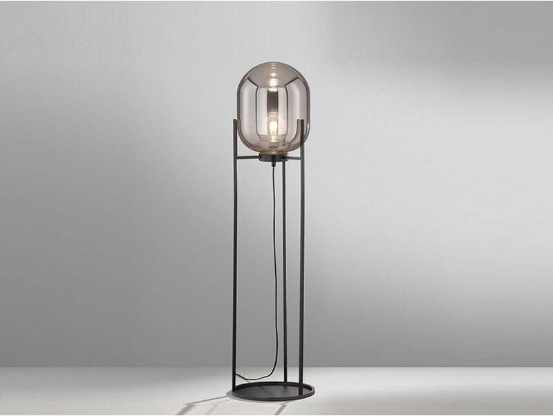 Kleine led Stehlampe Tripod mit Rauchglas Glaskugel - Höhe 110cm