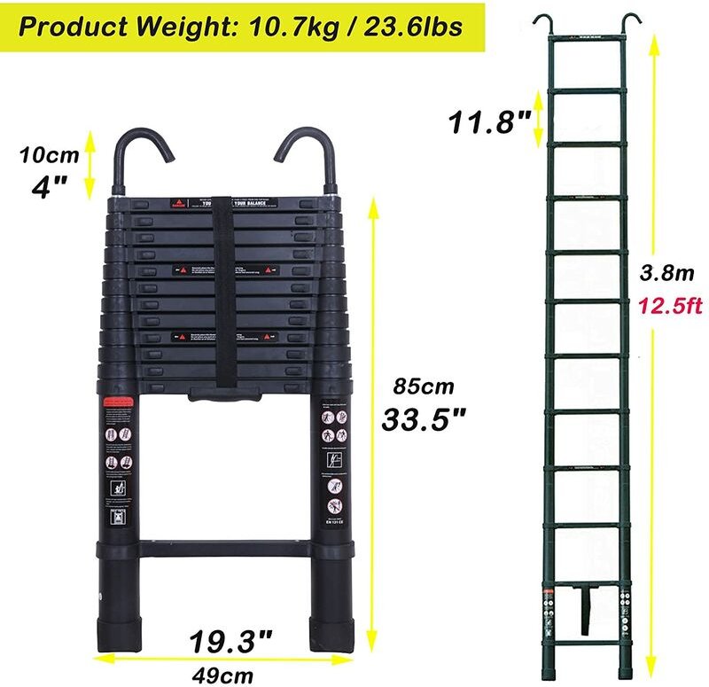 3,8 m Teleskopleiter aus Aluminium mit abnehmbaren Haken und rutschfesten Füßen, EN131, Tragfähigkeit 150 kg, zusammenge...