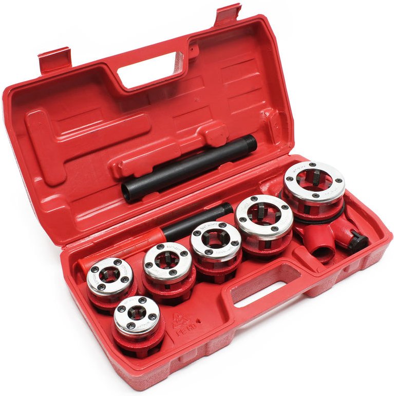 Wiltec Schneidkluppe 9-tlg. Set aus Stahl, Gewindeschneider mit 6 Schneidköpfen, Schneideisen mit Ratschenverlängerung, ...