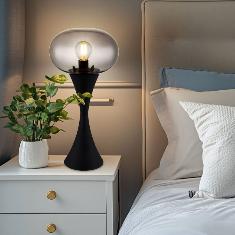 Tischlampe Schwarz Wohnzimmerlampe Tischleuchte Nachttischlampe Schlafzimmerleuchte, Rauchglas 1x E14, DxH 18 x 36,9 cm