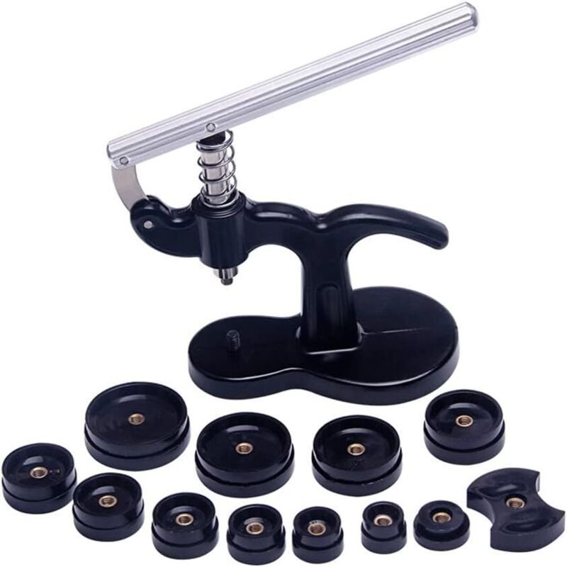 Komplettes Uhrenreparaturset mit Uhrmacherpresse und 12 Brücken, schwarz