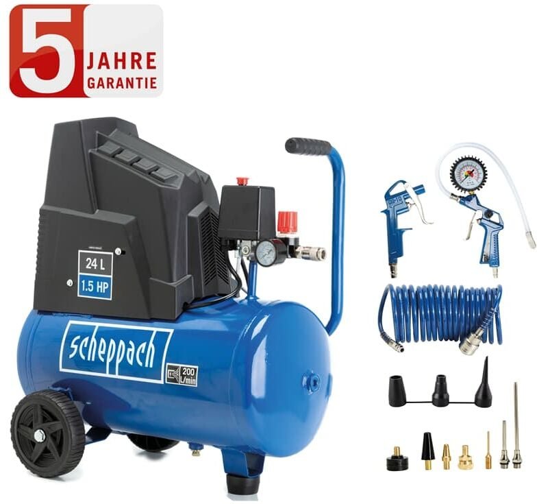 8bar Druckluft Kompressor HC25o Set Spiralschlauch + Zubehör - Scheppach