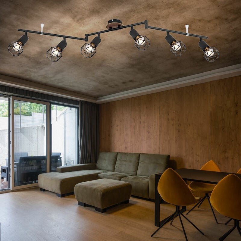 Vintage Deckenstrahler Deckenleuchte Holz 6 flammig Spotleiste Metall schwarz, Spots beweglich, Metallgeflecht Retro Hol...