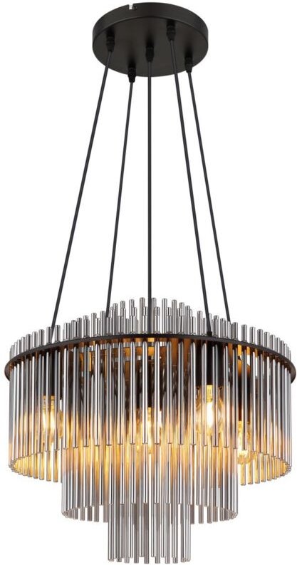 Kronleuchter Glasstäbe rauch klar Esszimmerleuchte Luster Wohnzimmerlampe Rauchglas, Metall schwarz, 5x E27 Fassung, DxH...