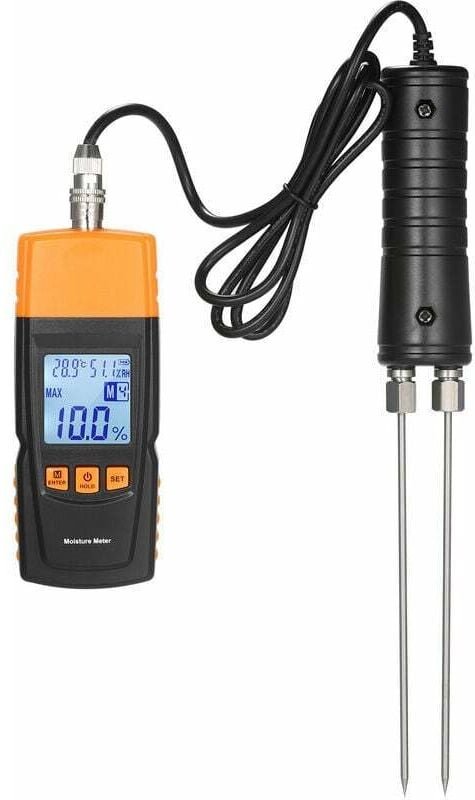 3-in-1 digitales Brennholz-Hygrometer mit extra langer Sonde, Raumtemperatur + Luftfeuchtigkeit + Holzfeuchte-Tester