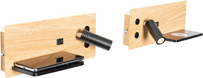 2er Set Wandleuchte Schwarz mit Holz inkl. led mit usb und Induktionsladegerät - Riza