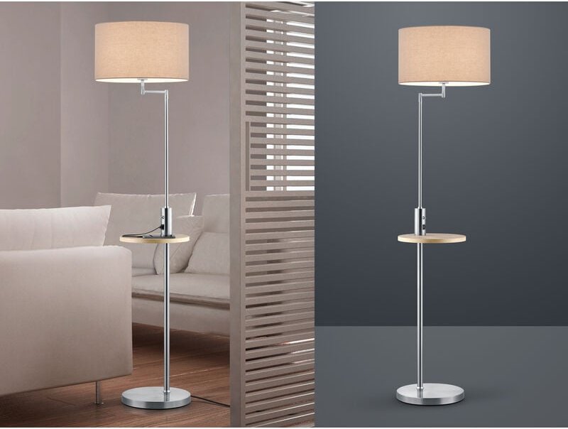 Stehleuchte claas mit Stoffschirm Grau, Ablagetisch Holz & usb Anschluss, 160cm