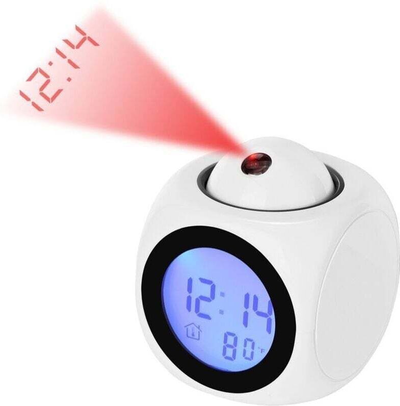 Orologio digitale con proiezione bianca, sveglia led silenziosa, sveglia con proiezione a soffitto, controllo vocale 12/...