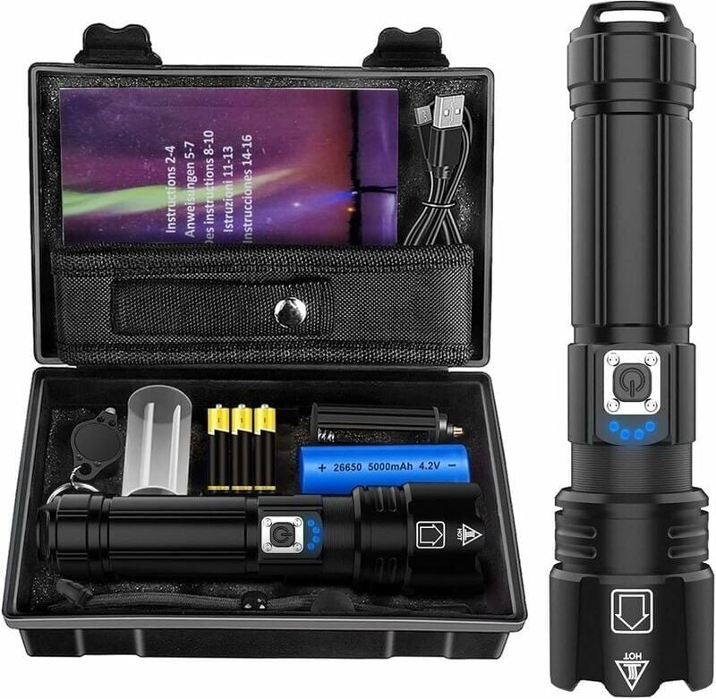 Thumbnail - Ultrastarke LED-Taschenlampe, 10.000 Lumen, wiederaufladbar, IP67 wasserdichte taktische Taschenlampe, P70-Taschenlampen...