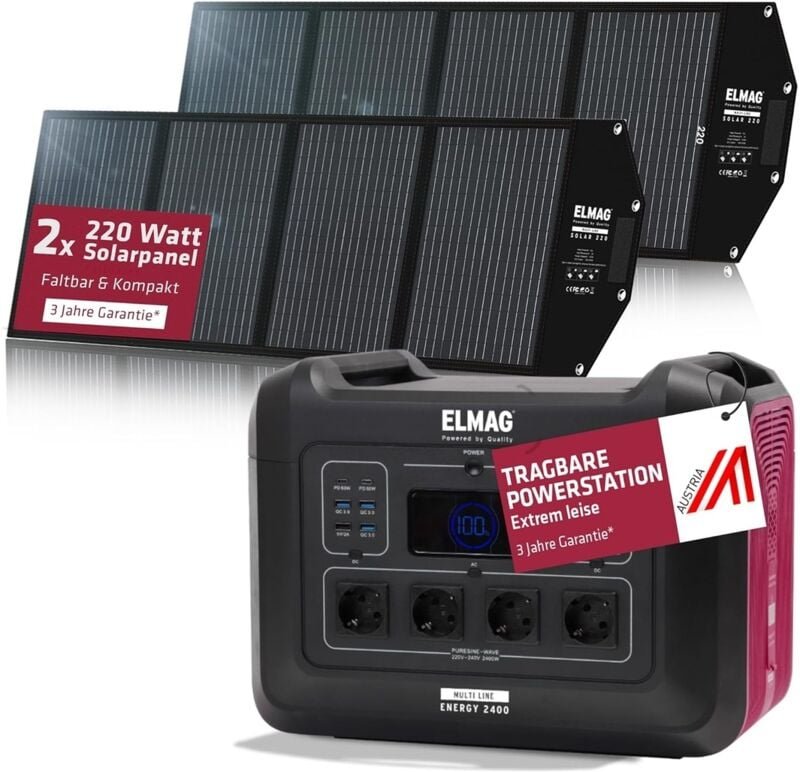 Solargenerator-Set energy 2400 + solar 220 duo 2400W, LiFEPO4 Akku, 2232Wh, 2x220Wp PV-Panel - Elmag