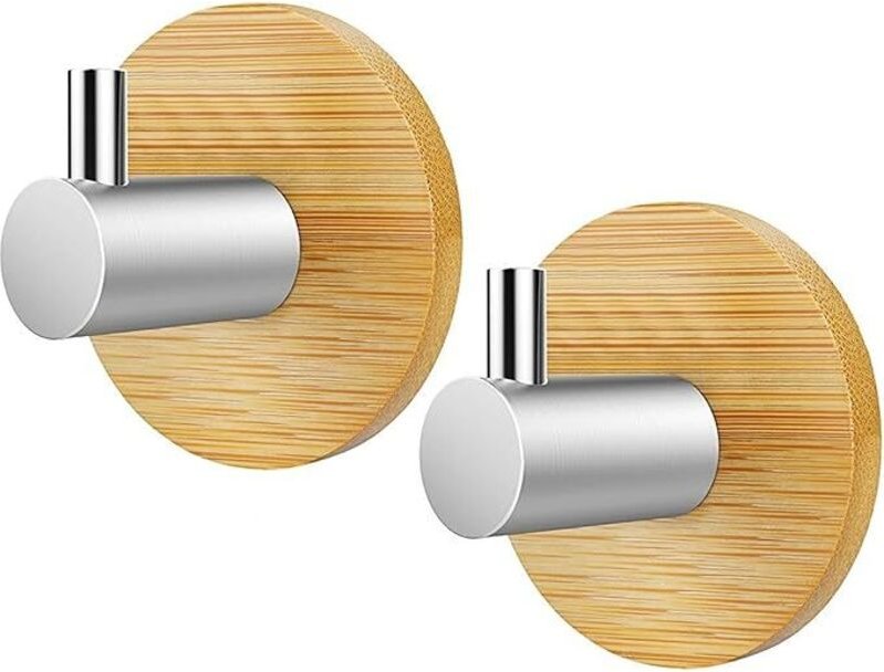 Türhänger aus Bambus, 2 Stück, Edelstahl, Bambushaken, Kleiderhaken aus Edelstahl und Bambus, für Küche, Badezimmer, Woh...