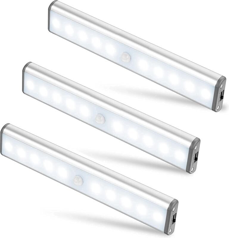 Ersandy - 3er-Set, 10 LED-Lampen, kabellos, wiederaufladbar über usb, magnetisiert, Bewegungssensor, 2 Beleuchtungsmodi,...