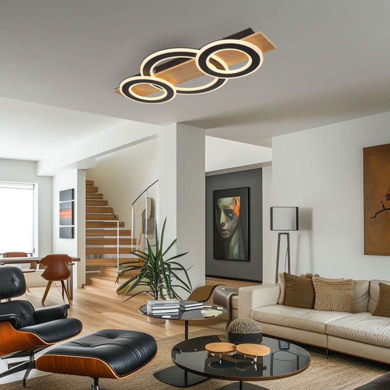 Deckenleuchte Deckenlampe Esszimmerleuchte Holzlampe Ringe 3 flammig LED L 73cm