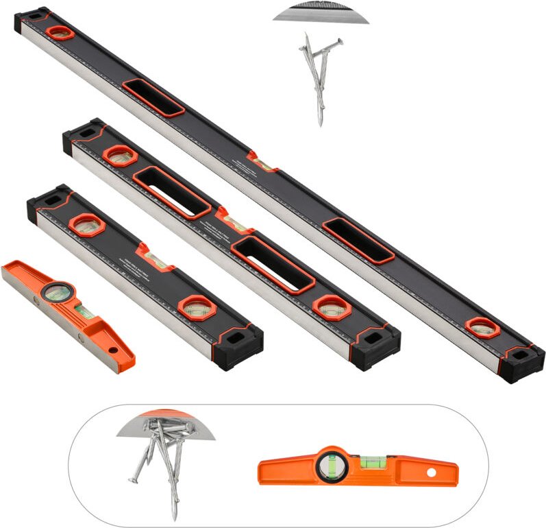 4-teiliges Torpedo-Wasserwaagen-Set – 48/24/16/10 Zoll Kastenwasserwaagen, fluoreszierende Leuchtlibellen, Lineal für 45...