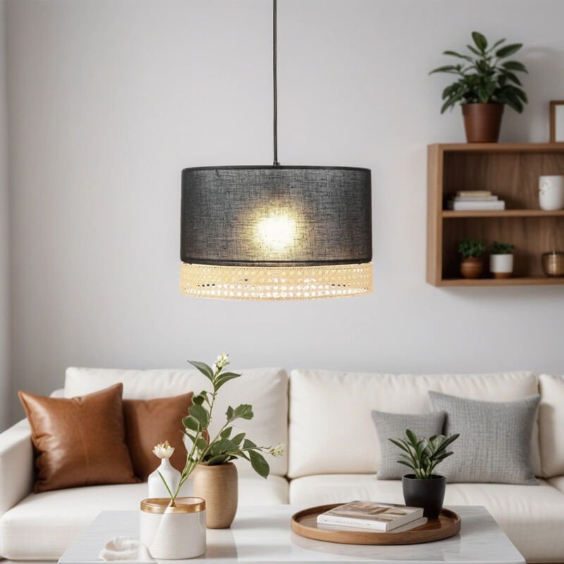 Thumbnail - Licht-erlebnisse - Boho Hängeleuchte Stoff Rattan ø 38,5 cm Schwarz Braun E27 Hängelampe Schlafzimmer Wohnzimmer