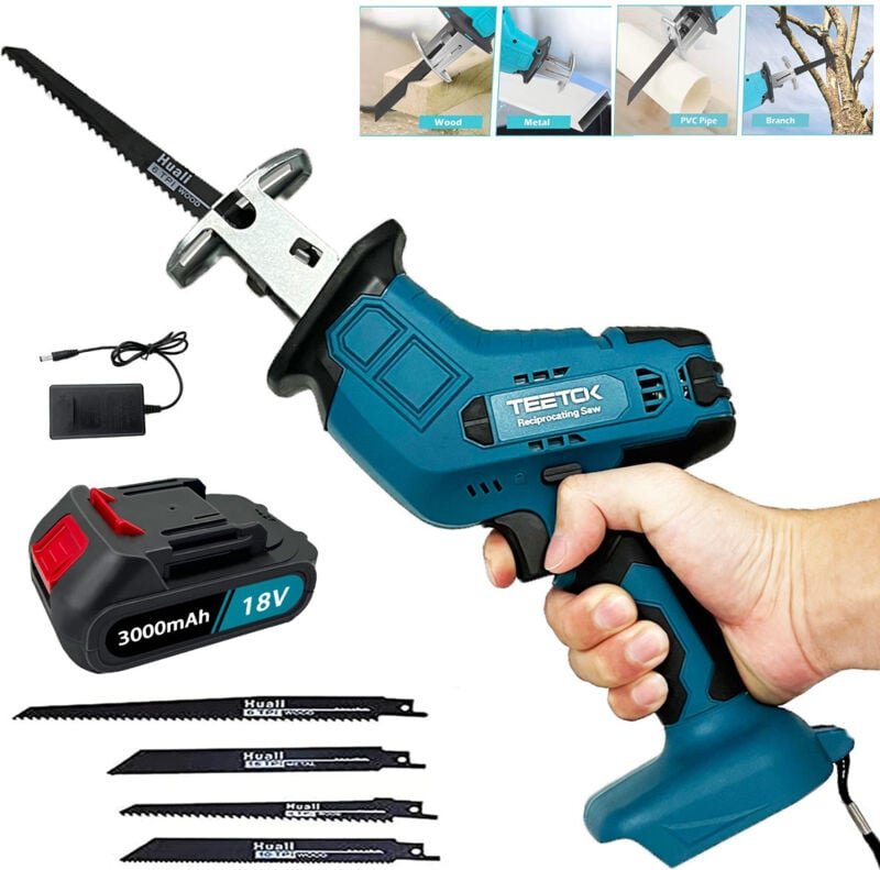 Teetok - Säbelsägen, elektrische Säbelsäge, Holz, Äste, pvc, Metallschneiden + 4 Sägeblätter + 1 x 3,0 a Akku + Ladegerä...