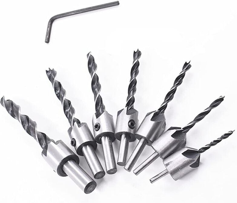 Csparkv - 8-teiliger Holzbohrer mit Senker, Senkerbohrer-Set, Holzspiralbohrer-Reibahle-Schlitz mit Loch, für Holzbearbe...