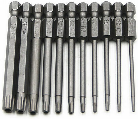 Set mit 11 langen Torx-Bits für Schraubendreher und Bohrmaschinen – Magnetische Bits – 1/4"-Sechskantschaft – Größen T6 ...