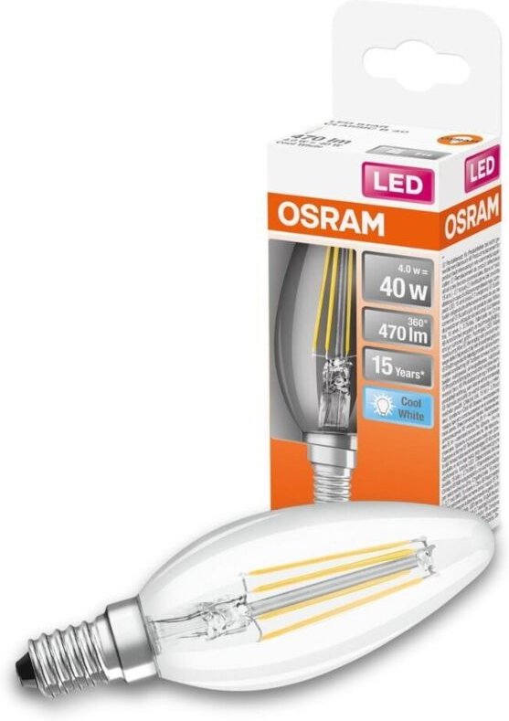 Osram - Filament led Lampe mit E14 Sockel, Kerzenform, Kaltweiss (4000K), 4W, Ersatz für 40W-Glühbirne, led Retrofit cla...