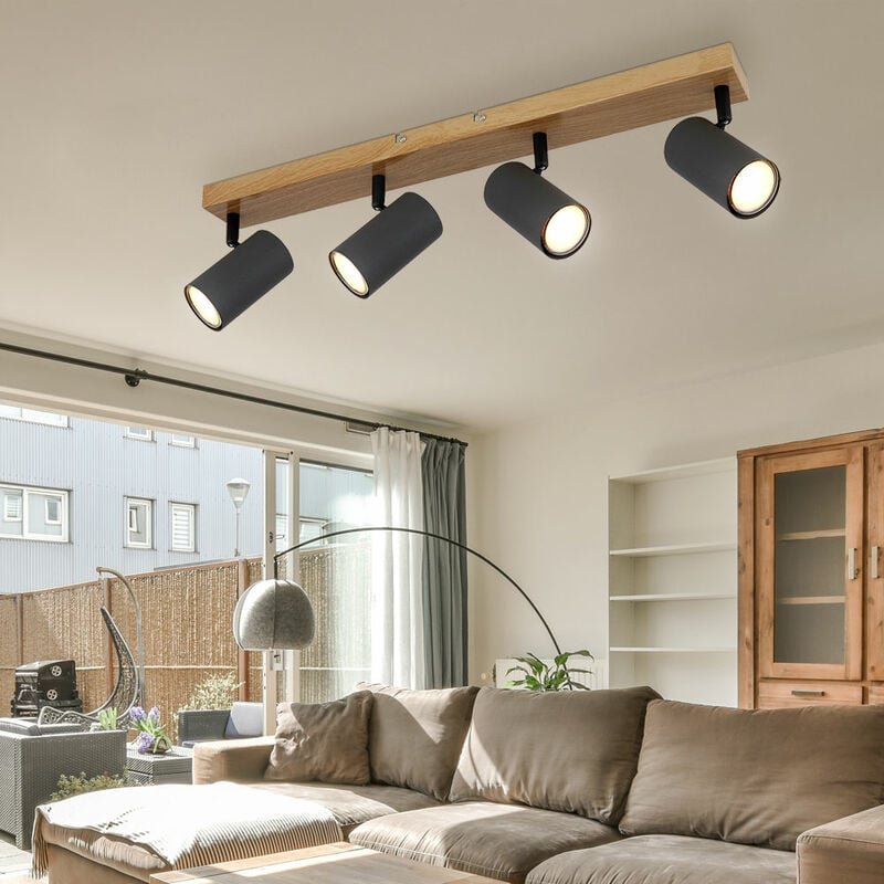 Deckenstrahler 4 Flammig Holzoptik Deckenleuchte GU10 Deckenlampe Wohnzimmer mit schwenkbaren Spots, Metall, 4x GU10, Lx...