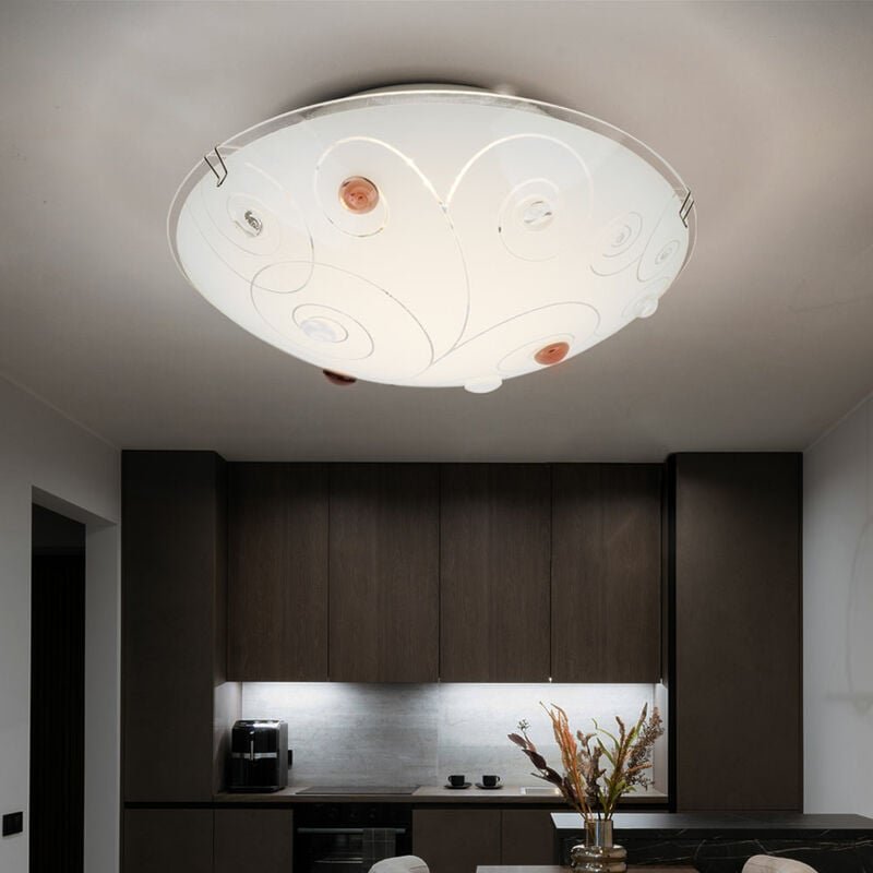 Globo - Deckenleuchte Glasschirm Deckenlampe 1-Flammig Wohnzimmer Beleuchtung opal mit Dekorsteinen, Metall chrom Linien...