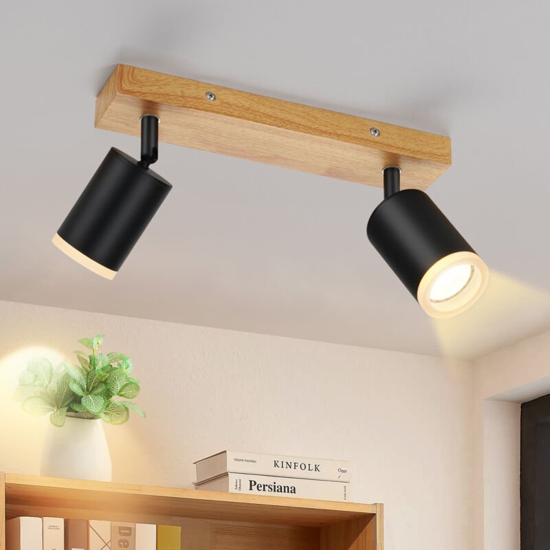 Led Deckenleuchte Deckenstrahler 2 Flammig - Deckenlampe GU10 Holz Schwarz 350° Schwenkbar Küchenlampe Vintage Deckenspo...