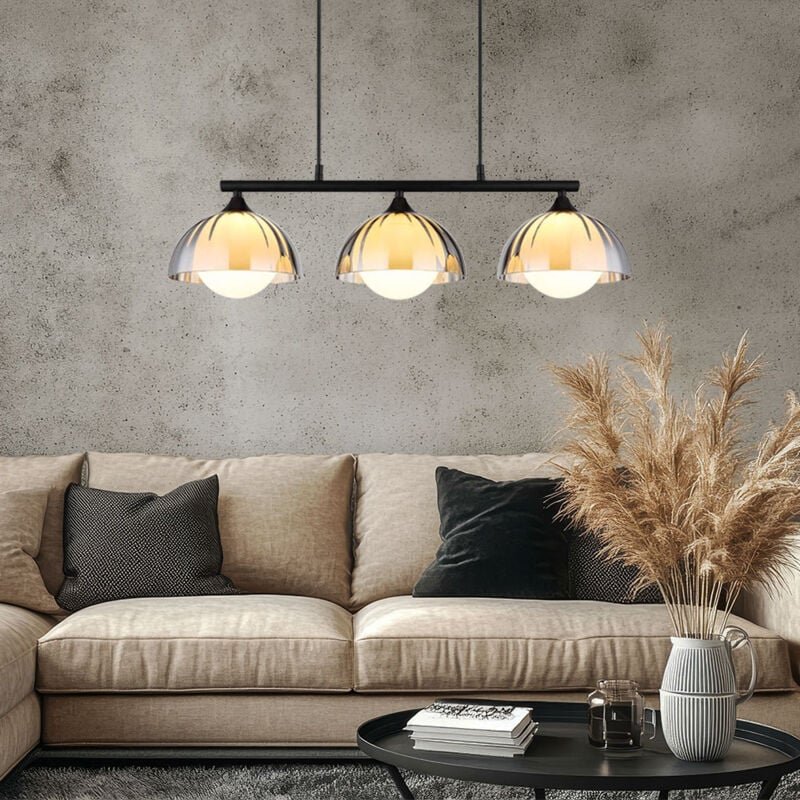 Hängeleuchte Rauchglas Pendelleuchte Glas opal rauch Esszimmerlampe schwarz, Metall, 3x G9 Fassungen, LxBxH 70x20x120 cm