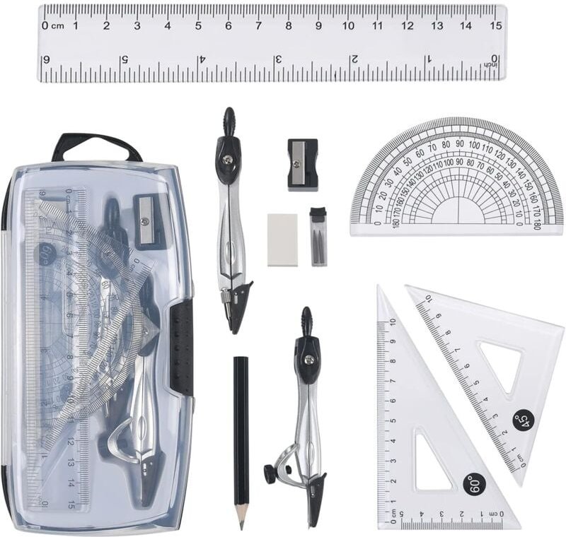 Geometrie-Set, 10-teiliges Geometrie-Set, Lineal, Winkelmesser, Zirkel, Bleistiftminen, Bleistiftmine