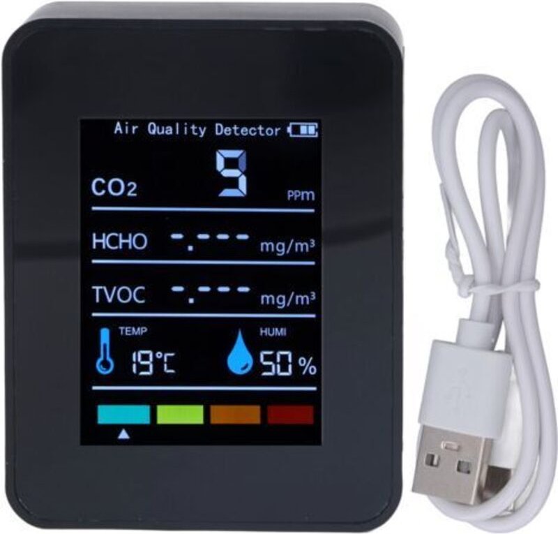 Schwarzer LCD-TVOC-HCHO-CO2-Kohlendioxiddetektor, Luftqualitäts-, Temperatur- und Feuchtigkeitsmonitor