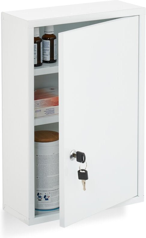 Relaxdays Medizinschrank, abschließbarer Apothekerschrank, HBT: 45 x 30 x 12 cm, 3 Fächer, zum Aufhängen, Stahl, weiß