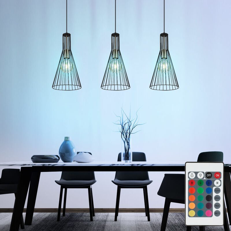 Hängelampe dimmbar mit Fernbedienung led Pendelleuchte Esstisch modern Esszimmerlampe 3-flammig,RGB Farbwechsel, Käfig-D...