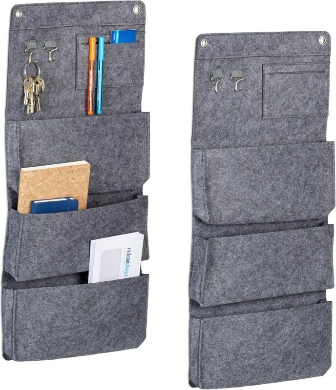 Wandregal, 2er-Set, 4 Fächer, Filz, zwei Haken, H x B: 65 x 30 cm, Grau