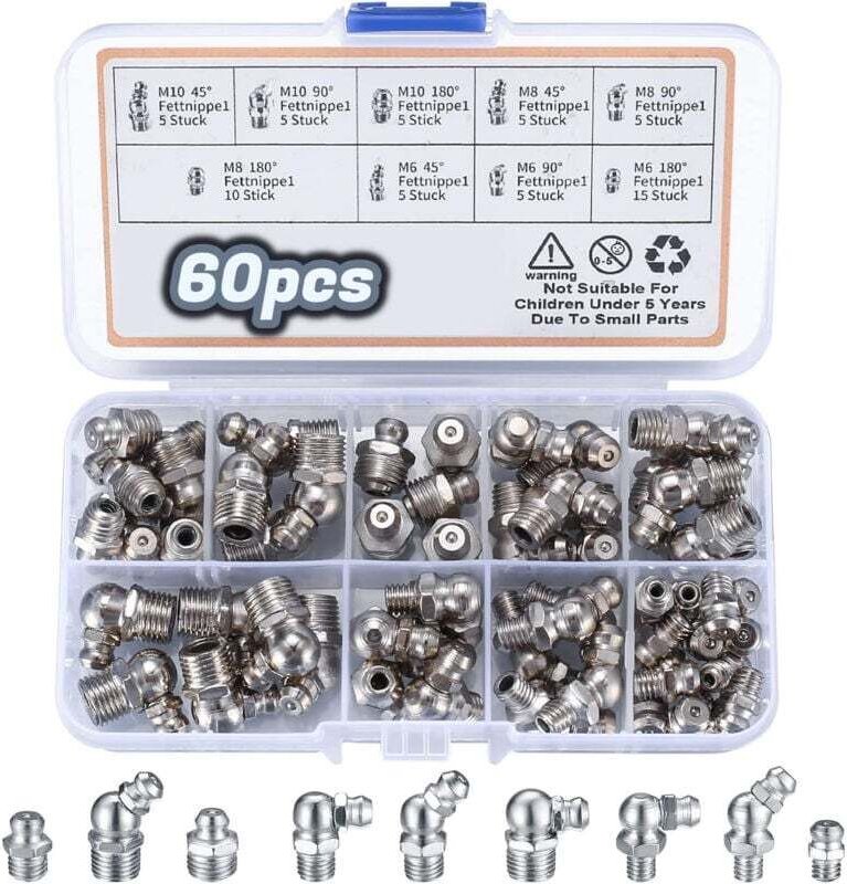 60-teiliges Sortiment an Schmiernippeln, Gewindeschmiernippel, M6, M8, M10 Schmiernippel, Außengewinde-Schmiernippel, ge...